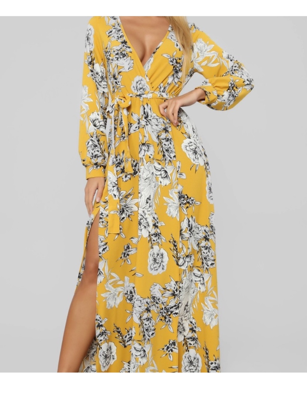 Fashion Nova Yellow Floral Long Sleeved Maxi Dress With High Slits and Waist Tie